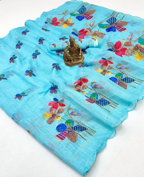Elegant Sky Blue Floral Linen Saree with Aari Work