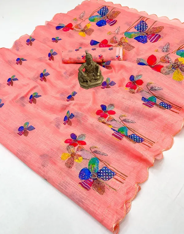 Trendy Peach Linen Saree with Aari Work Blouse