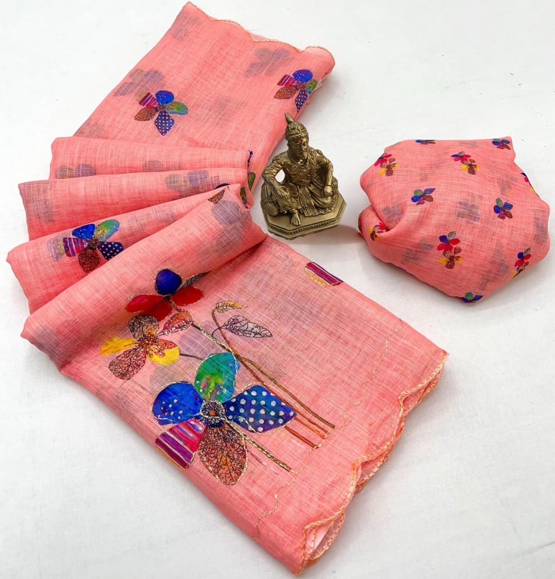 Trendy Peach Linen Saree with Aari Work Blouse