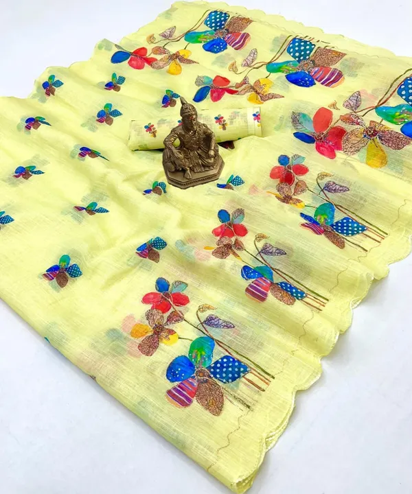 Lemon Yellow Linen Saree with Floral Aari Zari Work