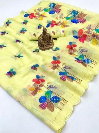 Lemon Yellow Linen Saree with Floral Aari Zari Work