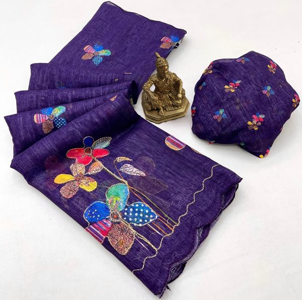 Premium Purple Aari Work Linen Saree with Blouse