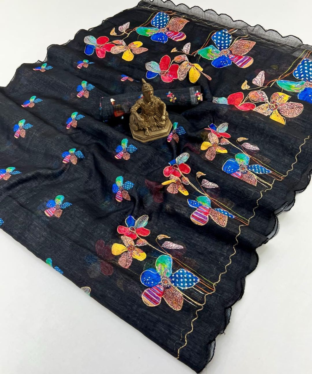 Black Floral Aari Work Linen Saree Online India