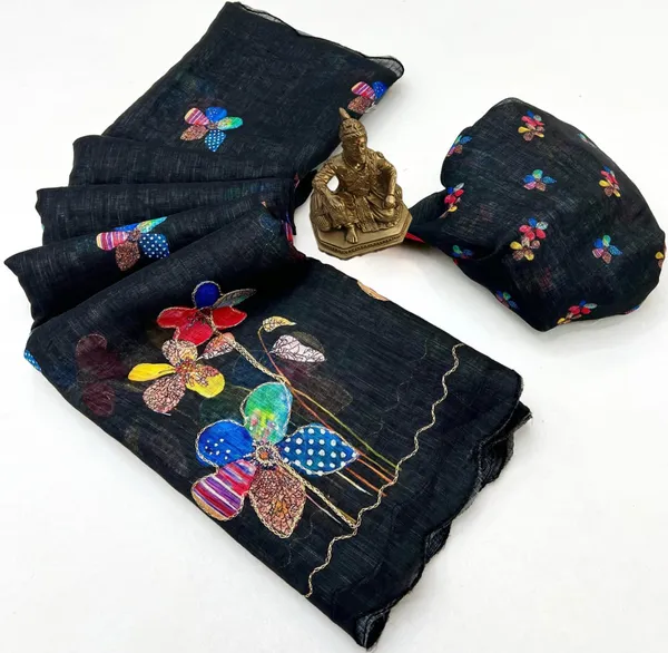 Black Floral Aari Work Linen Saree Online India
