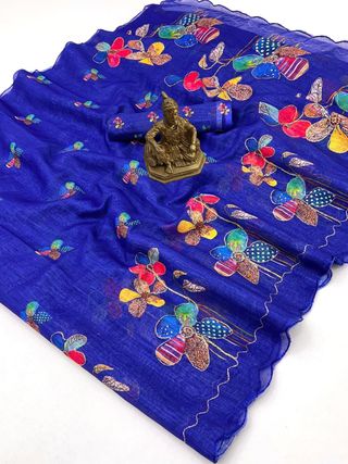 Royal Blue Floral Aari Work Linen Saree Online