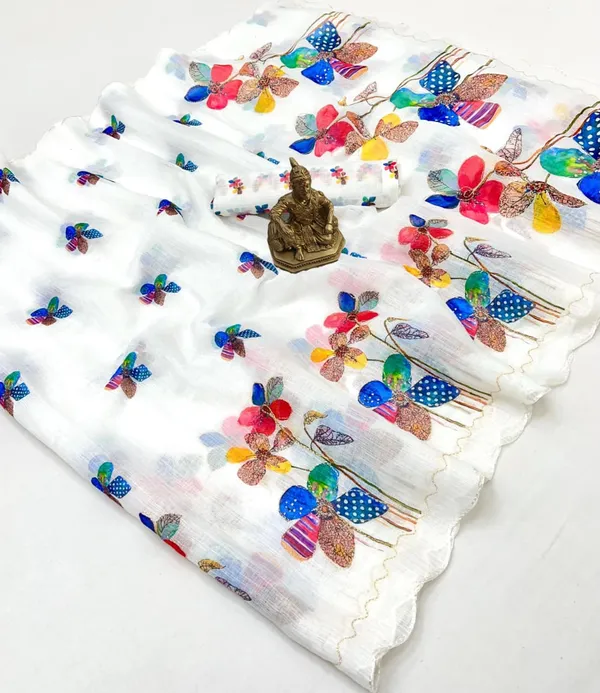 White Floral Aari Work Linen Saree with Blouse
