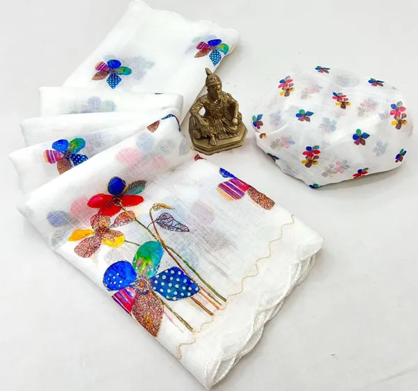 White Floral Aari Work Linen Saree with Blouse