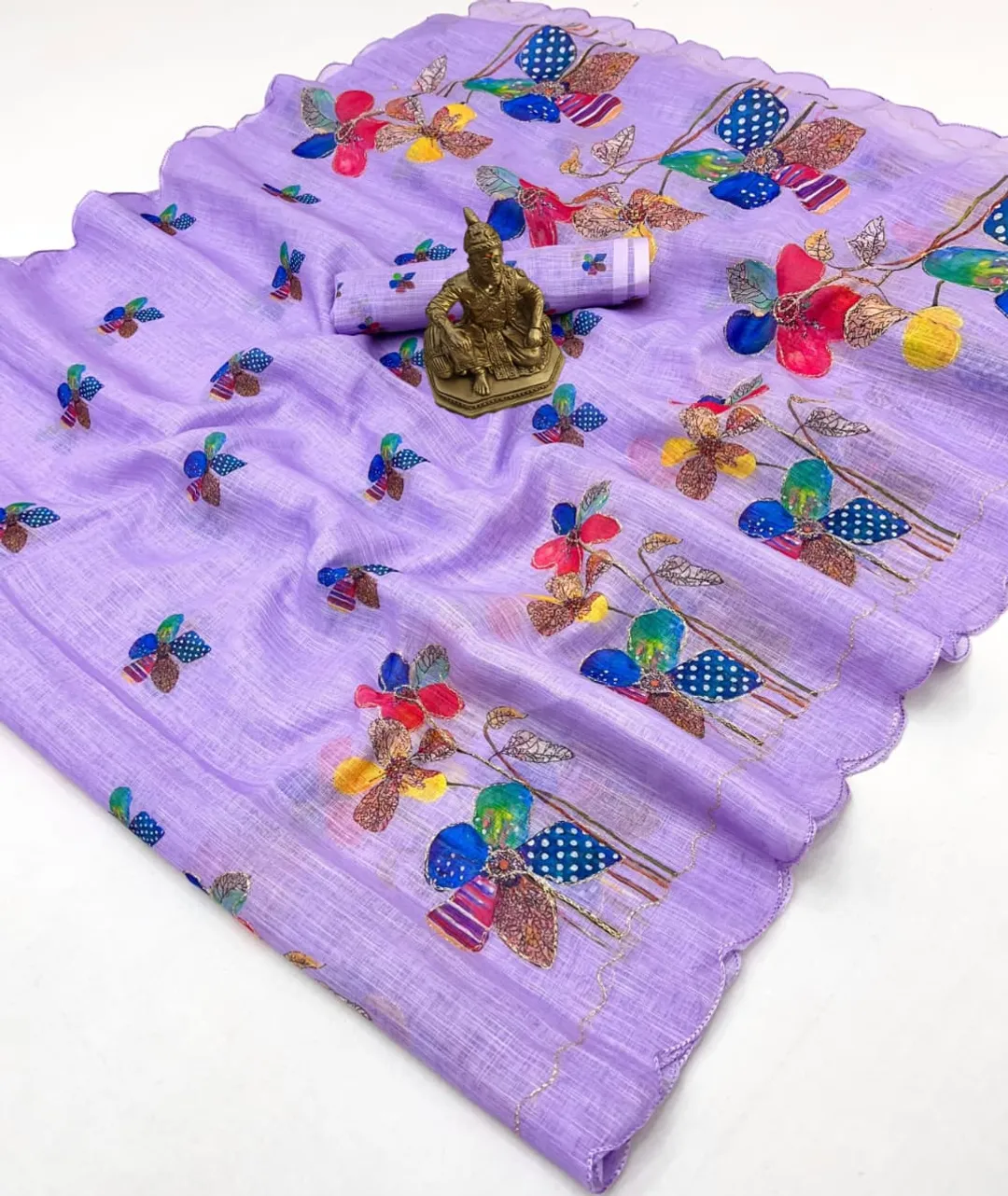 Lavender Floral Aari Work Linen Saree with Blouse