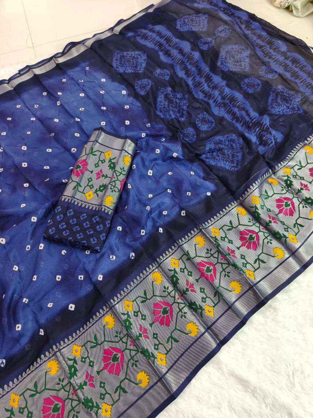 Navy Blue Kora Silk Saree with Leheriya Print and Brasso Border