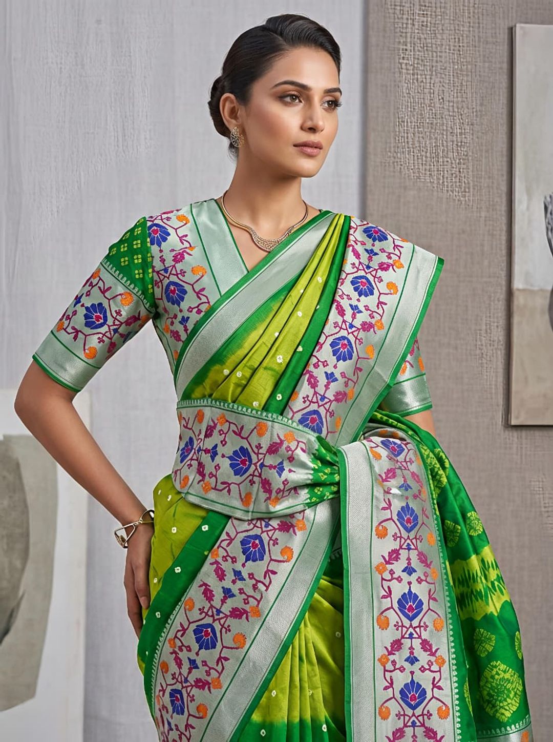 Green Kora Silk Leheriya Saree with Brasso Border