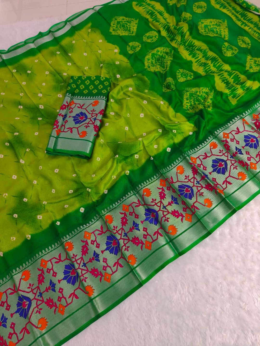 Green Kora Silk Leheriya Saree with Brasso Border