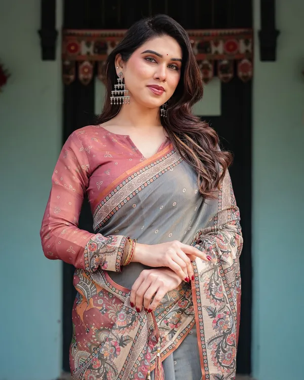 Lightweight Grey Saree with Rust Designer Border