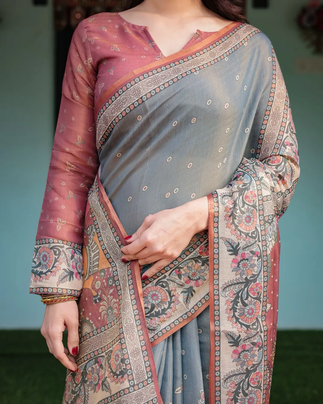 Lightweight Grey Saree with Rust Designer Border