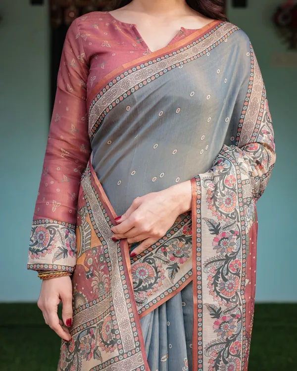 Lightweight Grey Saree with Rust Designer Border