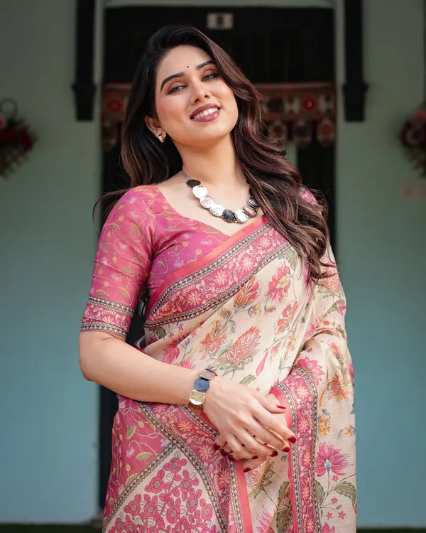 Lightweight Cream Saree with Designer Floral Pattern