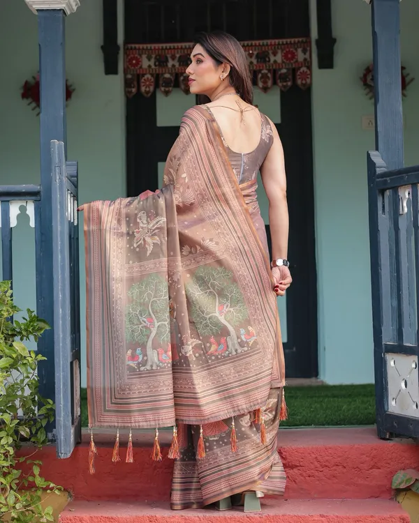 Mushroom Brown Handloom Saree with Ethnic Striped Border