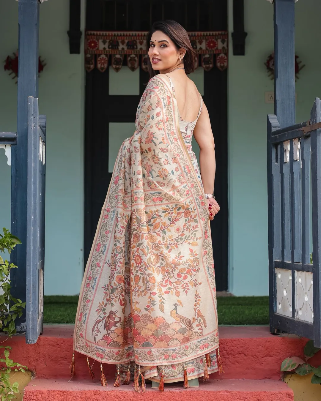 Soft Ivory Saree with Botanical Floral Print Design