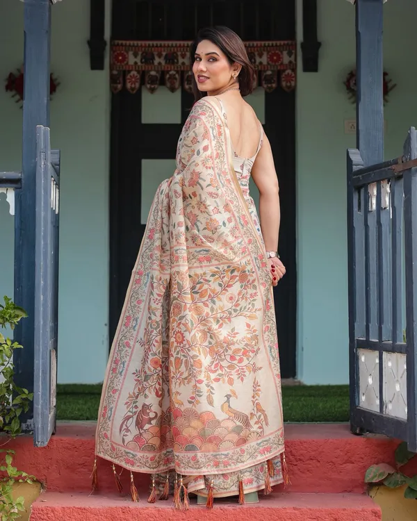 Soft Ivory Saree with Botanical Floral Print Design