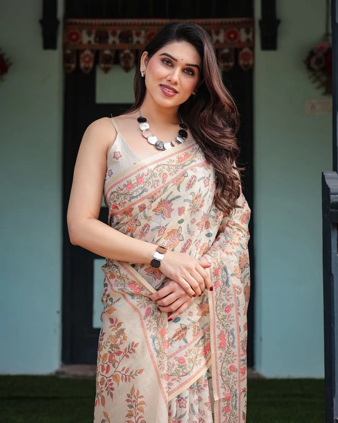 Soft Ivory Saree with Botanical Floral Print Design