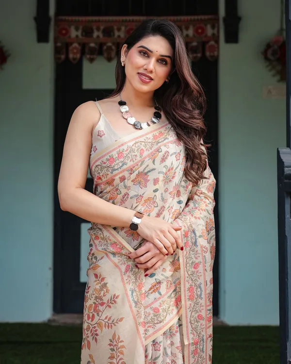 Soft Ivory Saree with Botanical Floral Print Design