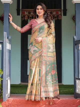 Mustard Olive Handloom Floral Heritage Saree with Pallu