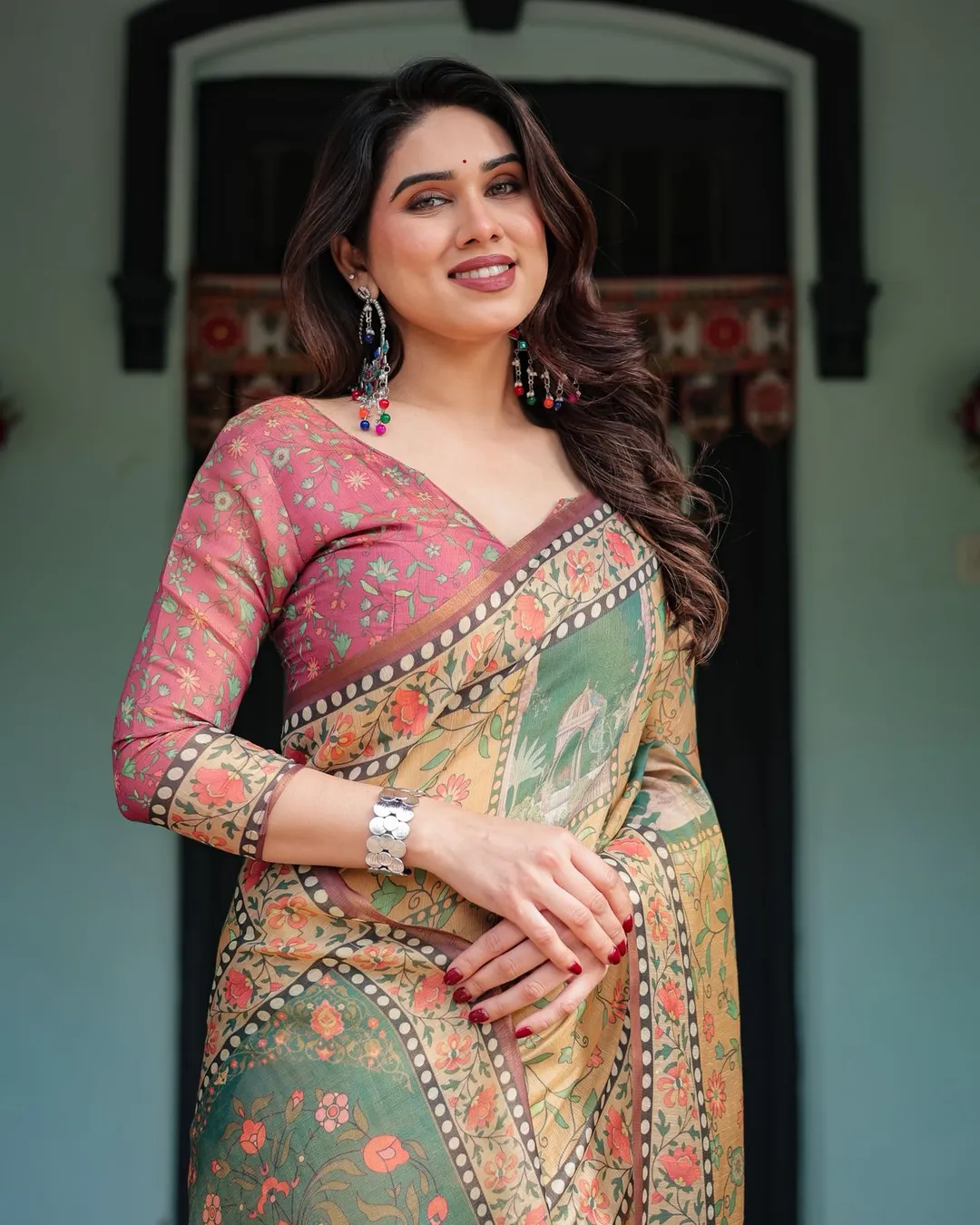 Mustard Olive Handloom Floral Heritage Saree with Pallu