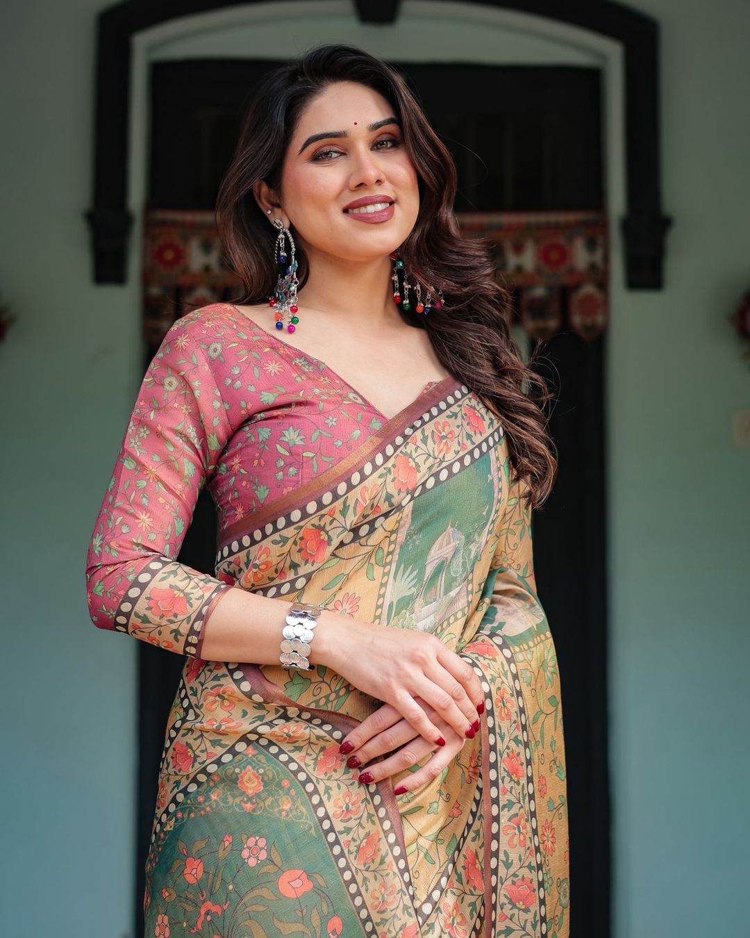 Mustard Olive Handloom Floral Heritage Saree with Pallu