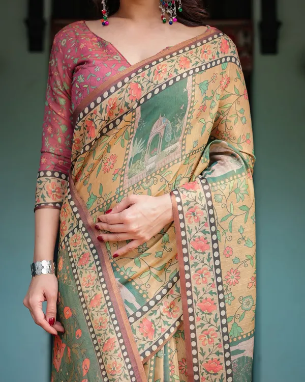 Mustard Olive Handloom Floral Heritage Saree with Pallu