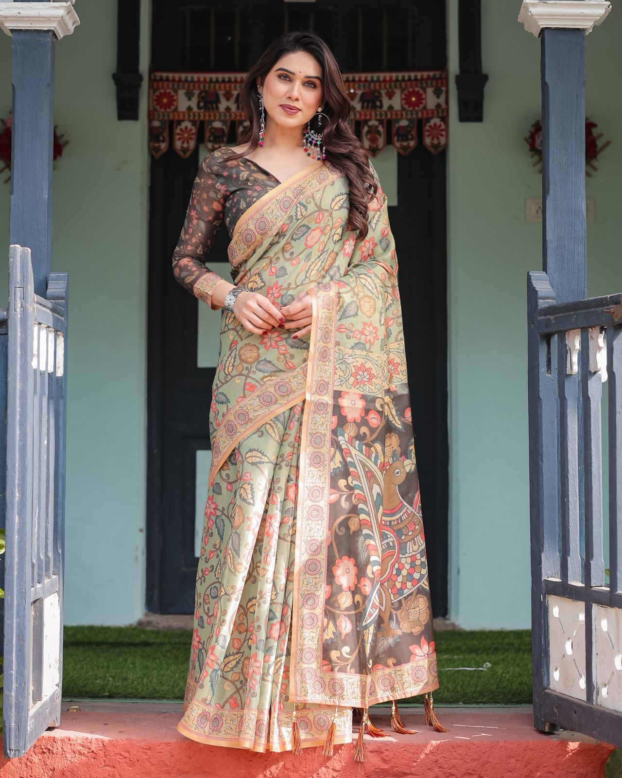 Handloom olive saree for office