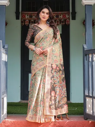 Royal Varnavi Olive Bloom Handloom Saree