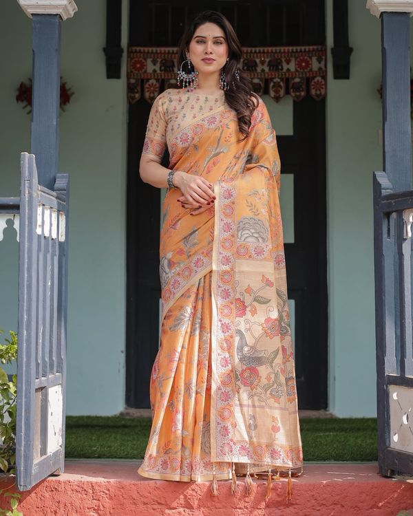 Marigold Handloom Floral Bird Print Saree with Tassel Pallu