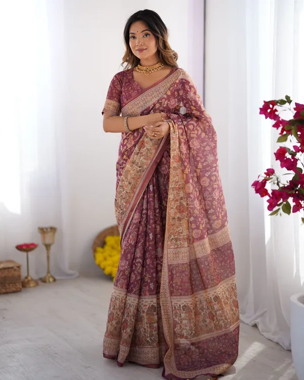 Premium Wine Maroon Floral Handloom Saree with Designer Pallu