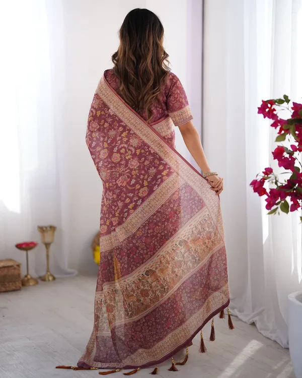 Premium Wine Maroon Floral Handloom Saree with Designer Pallu