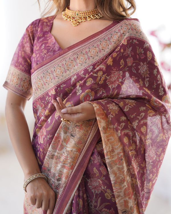 Premium Wine Maroon Floral Handloom Saree with Designer Pallu
