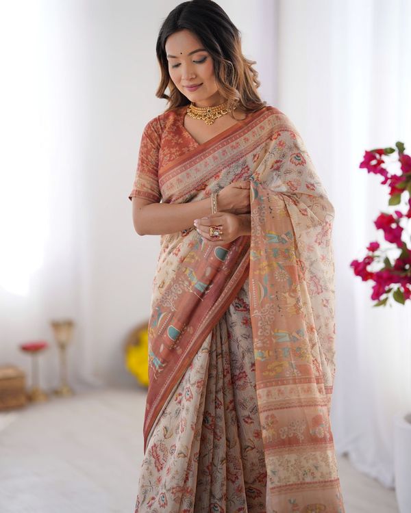 Ivory Rust Handloom Floral Saree with Storytelling Pallu