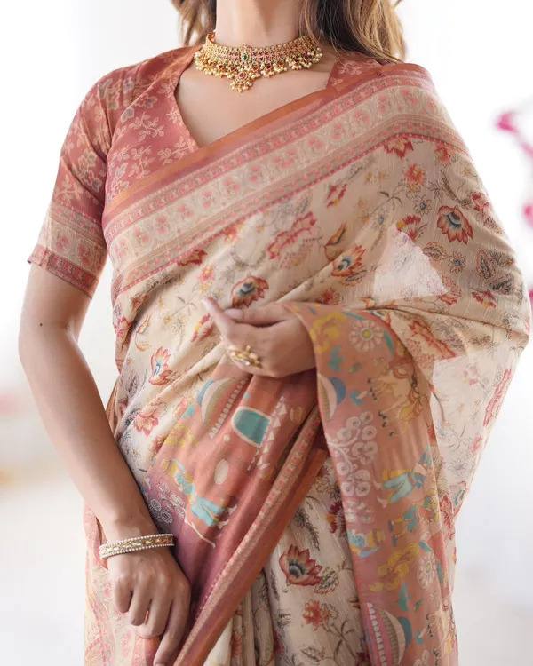 Ivory Rust Handloom Floral Saree with Storytelling Pallu