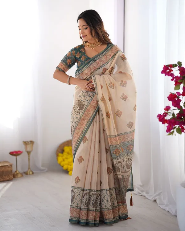 Varnavi Vastra Green Heritage Cotton Saree