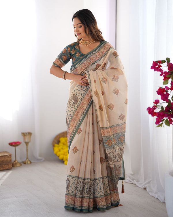 Varnavi Vastra Green Heritage Cotton Saree