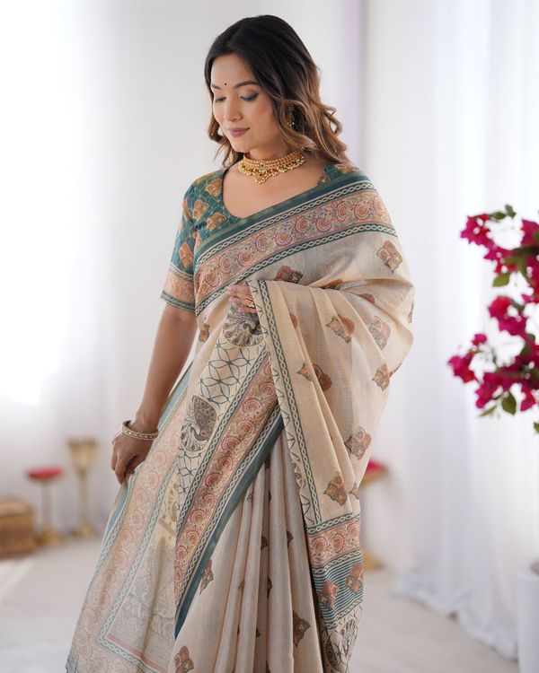 Varnavi Vastra Green Heritage Cotton Saree