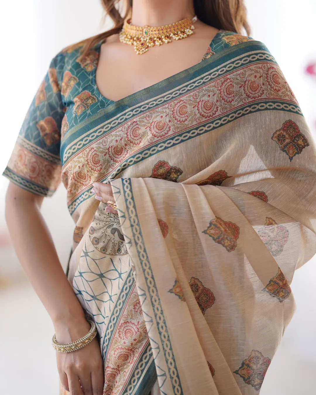 Varnavi Vastra Green Heritage Cotton Saree