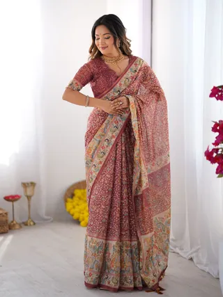 Varnavi Royal Kalamkari Maroon Handloom Saree