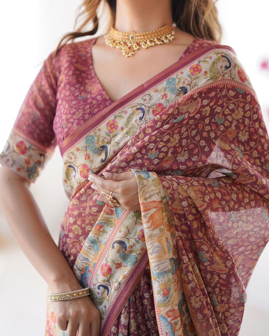 Varnavi Royal Kalamkari Maroon Handloom Saree