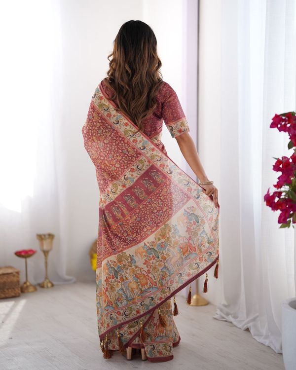 Varnavi Royal Kalamkari Maroon Handloom Saree