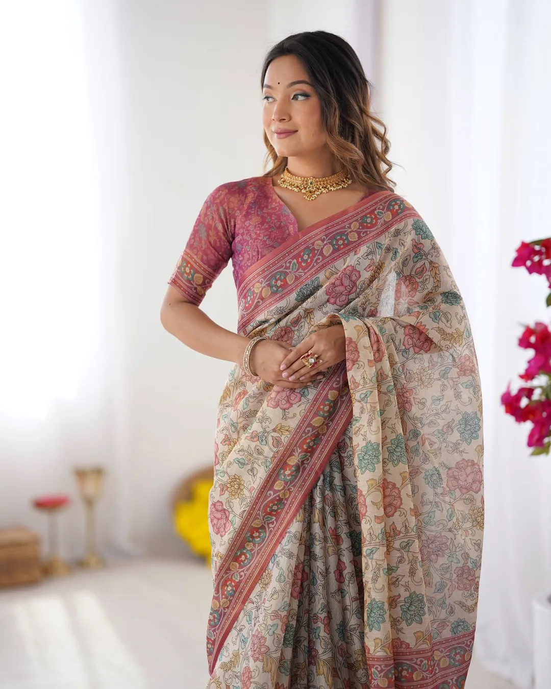 Varnavi Pastel Floral Beige Handloom Cotton Linen Saree