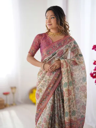 Varnavi Pastel Floral Beige Handloom Cotton Linen Saree