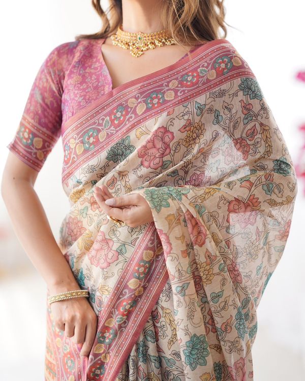 Varnavi Pastel Floral Beige Handloom Cotton Linen Saree