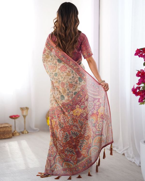 Varnavi Pastel Floral Beige Handloom Cotton Linen Saree