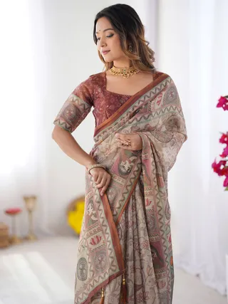 Varnavi Heritage Beige Printed Cotton Linen Saree