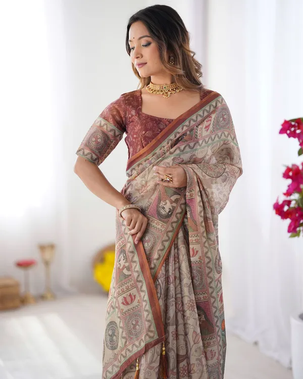 Varnavi Heritage Beige Printed Cotton Linen Saree