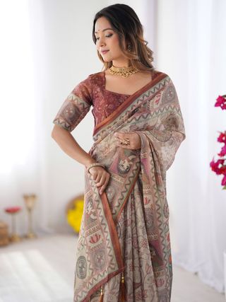 Varnavi Heritage Beige Printed Cotton Linen Saree